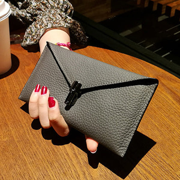Cute Womens Gray Leather Envelope Wallet Slim Clutch Purse Checkbook Long Wallet for Women