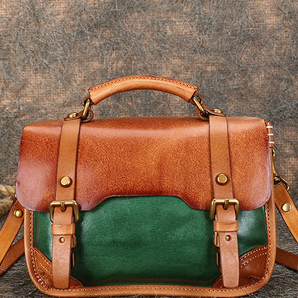 Handmade Green Leather Womens Satchel Shoulder Bag Small School Handbag Crossbody Purses for Ladies