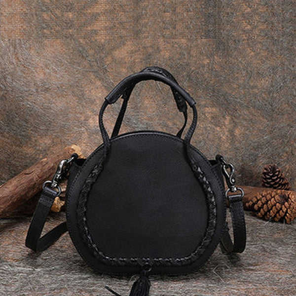 Womens Black Leather Round Handbag Purses with Tassels Vintage Handmade Round Shoulder Bag Crossbody Handbag for Women