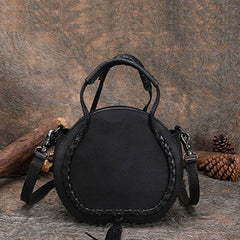 Womens Black Leather Round Handbag Purses with Tassels Vintage Handmade Round Shoulder Bag Crossbody Handbag for Women