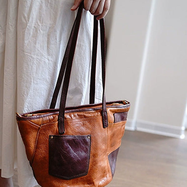 Vintage Brown Leather Stitching Style Shoulder Tote Women Tote Handbag for Women