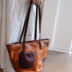 Vintage Brown Leather Stitching Style Shoulder Tote Women Tote Handbag for Women