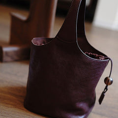 Vintage Coffee Leather Small Bucket Handbag Women Handmade Small Barrel Bag for Women