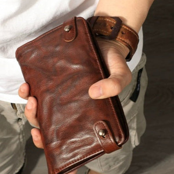 Brown Mens Bifold Leather Wallet With Pen Holder Cool Leather Wallet With Phone Pocket
