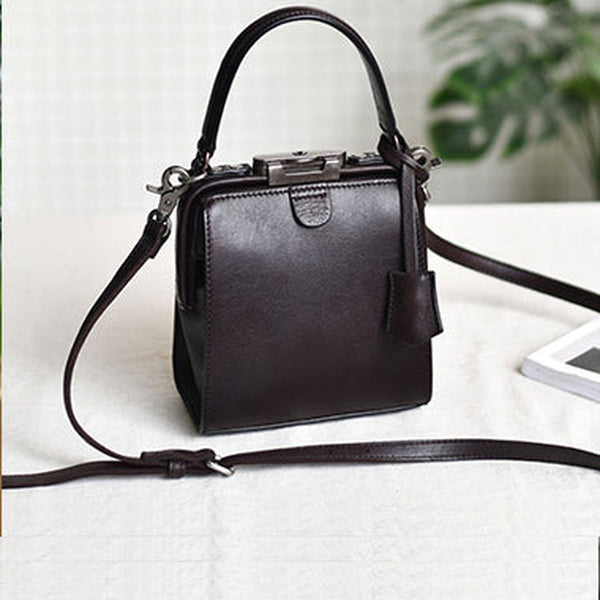 Womens Coffee Leather Doctor Handbag Purses Square Doctor Crossbody Purse for Women