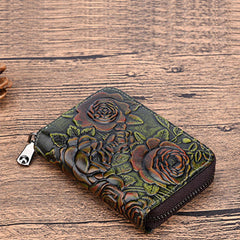 Womens Green Leather Small Zip Around Wallet Rose Billfold Wristlet Wallet Floral Ladies Zipper Small Card Wallet for Women