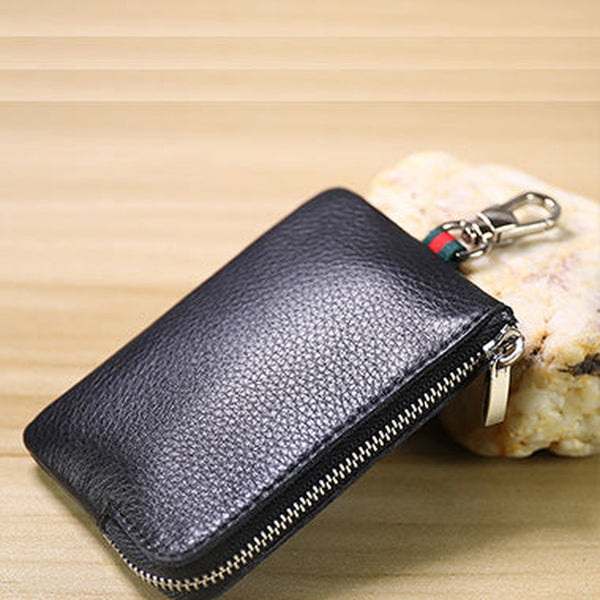 Slim Women Black Leather Zip Wallet with Keychains Minimalist Coin Wallet Small Zip Change Wallet For Women