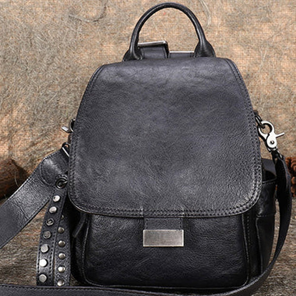 Handmade Convertible Leather Backpacks Womens Best Black Gray Leather Shoulder Purse School Rucksack