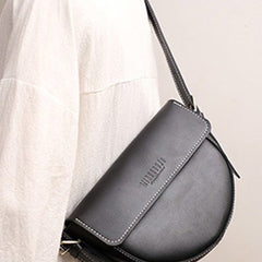 Cute Black LEATHER Saddle Bag WOMEN SHOULDER BAG Small Saddle Crossbody Purse FOR WOMEN