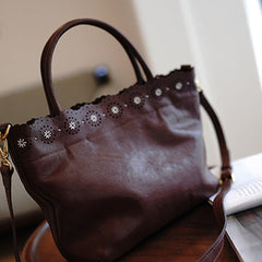 Classic Coffee Leather Hollowed Out Flowers Handbag Women Flowers Shoulder Bag for Women
