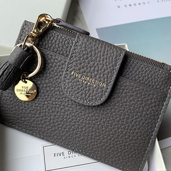 Cute Women Dark Gray Leather Slim Keychain with Card Wallet Card Holder Wallet Change Wallet For Women