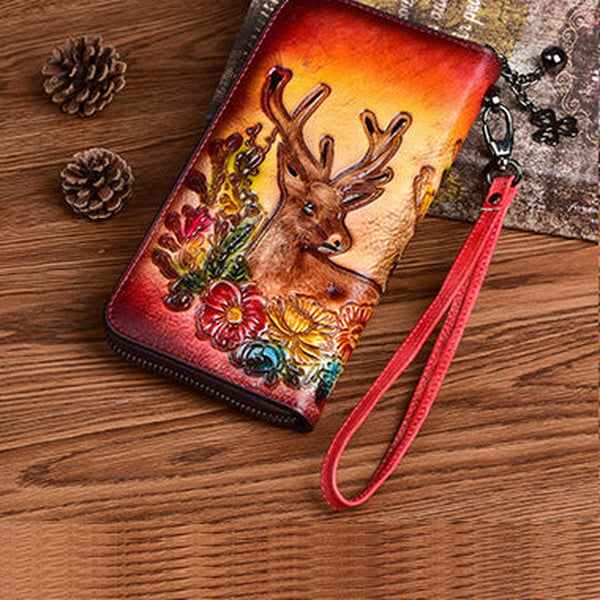 Vintage Reindeer Red Leather Wristlet Wallet Womens Zip Around Wallets Reindeer Ladies Zipper Clutch Wallet for Women