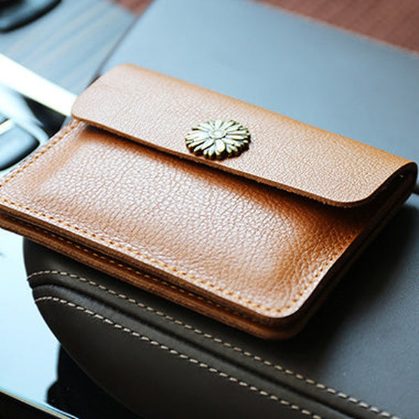 Cute Women Tan Leather Mini Card Wallet Sunflower Coin Wallets Slim Change Wallets For Women