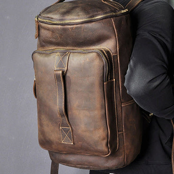 Dark Coffee Bucket Leather Men's 14 inches Large College Backpack Barrel Travel Backpack For Men