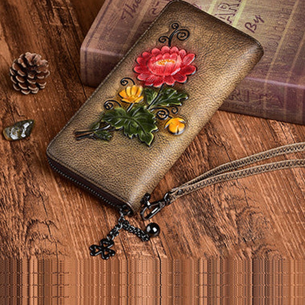 Womens Coffee Leather Zip Around Wallet Chrysanthemum Flower Wristlet Wallet Floral Ladies Zipper Clutch Wallet for Women
