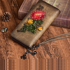 Womens Coffee Leather Zip Around Wallet Chrysanthemum Flower Wristlet Wallet Floral Ladies Zipper Clutch Wallet for Women