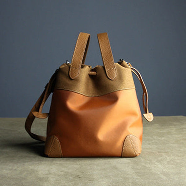 Small Womens Orange Nylon Leather Bucket Handbag Purse Nylon Leather Barrel Shoulder Bag Handbag Purse for Ladies
