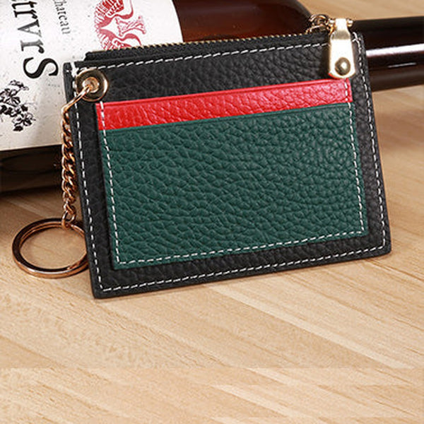 Slim Womens Patchwork Black Leather Card Wallets with Keychain Cute Zip Card Holder Wallet for Women
