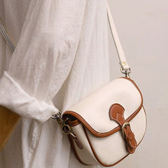 Cute Saddle LEATHER Side Bag White WOMEN Contrast Color Saddle SHOULDER BAG Small Crossbody Purse FOR WOMEN