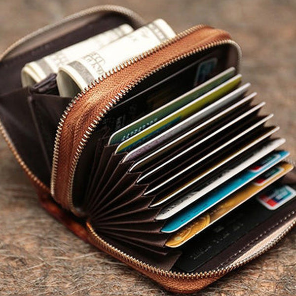 Vintage Women Leather Card Holder Small Double Zip Card Wallet Small Wallet For Women