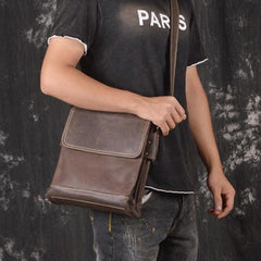 BADASS BROWN YELLOW LEATHER MEN'S 10 inches Side bag Vertical Courier Bag MESSENGER BAG FOR MEN