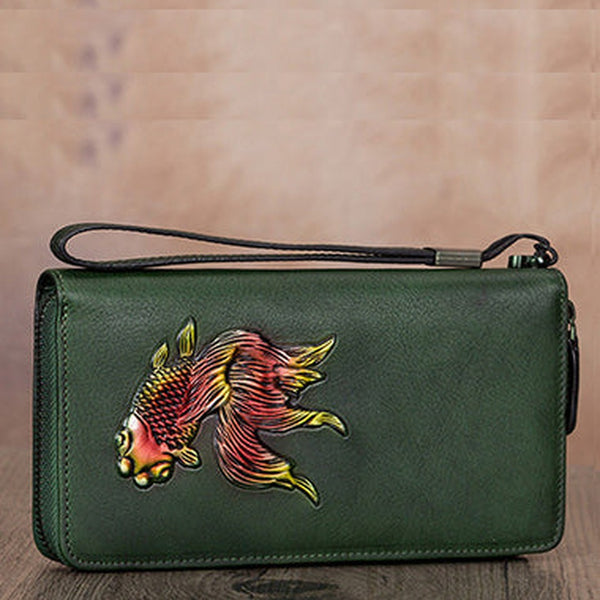 Goldfish Green Leather Wristlet Wallets Womens Zip Around Wallet Ladies Zipper Clutch Wallets for Women
