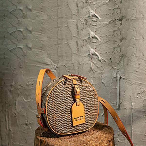 Cute Womens Small Gray Leather Tweed Round Crossbody Purse Handmade Round Shoulder Bag for Women