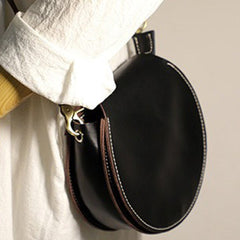 Cute Black LEATHER Around Side Bag Handmade WOMEN Circle Crossbody BAG Phone Purse FOR WOMEN
