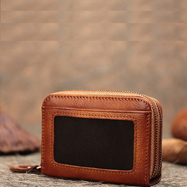 Vintage Women Brown Leather Card Holders Small Double Zip Card Wallet Small Wallet For Women