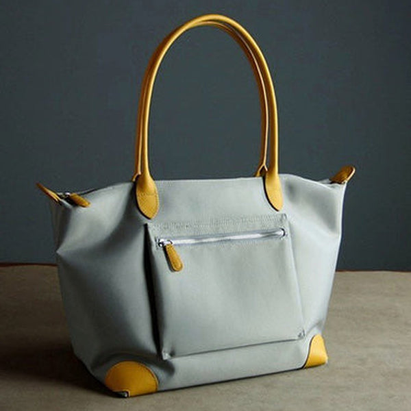 Womens Light Gray Nylon Shoulder Tote Large Light Gray&Yellow Nylon Handbag Purse for Ladies