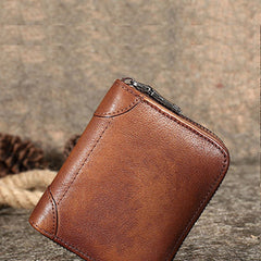 Vintage Women Tan Leather Small Wallet Zip Around Bifold Billfold Wallet with Coin Pocket For Women