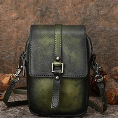 Green Leather Womens VIntage Phone Shoulder Bag Small Side Bag Handmade Crossbody Purse for Ladies