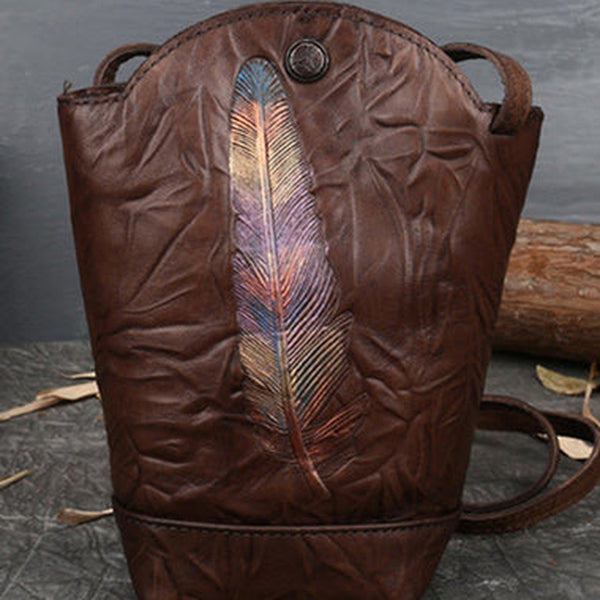Vintage Womens Coffee Leather Shoulder Bucket Bag leather phone Bucket bag for women Side bag crossbody bag