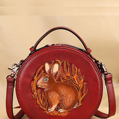 Cutest Womens Red Leather Round Handbag Bunny Crossbody Purse Vintage Round Shoulder Bags for Women