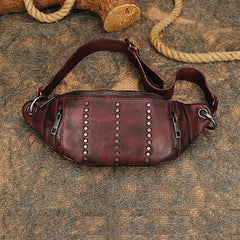 Vintage Women Coffee Leather Rivet Waist Bag Fanny Pack Handmade Shoulder Rivet Hip Packs for Women