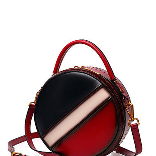 Womens Red Leather Round Handbag CONTRAST COLOR Crossbody Purse Red Round Shoulder Bag for Women