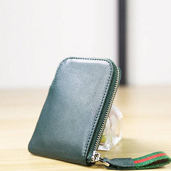 Women Leather Mini Zip Wallet Green Billfold Slim Coin Wallet Small Zip Change Wallet For Women
