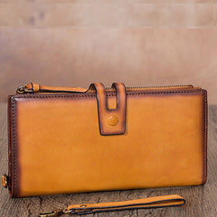 Vintage Tan Leather Wristlet Wallet Womens Wallet Bifold Long Clutch Wallet for Women