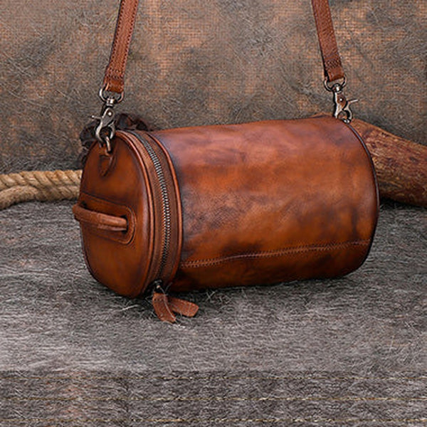 Vintage Brown Leather Womens Barrel Shoulder Bag Bucket Crossbody Purse for Women