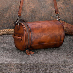 Vintage Brown Leather Womens Barrel Shoulder Bag Bucket Crossbody Purse for Women
