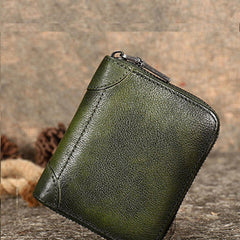 Vintage Women Green Leather Small Wallet Zip Around Bifold Billfold Wallet with Coin Pocket For Women