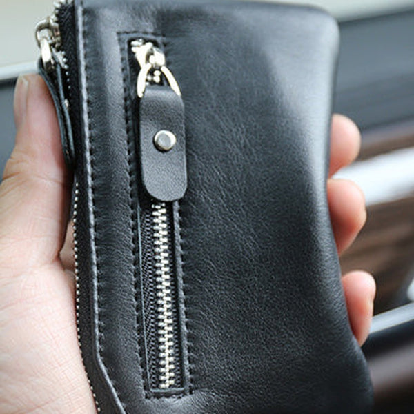 Slim Womens Black Leather Zip Wallet With Keychain Card Wallet Zip Coin Wallet for Ladies