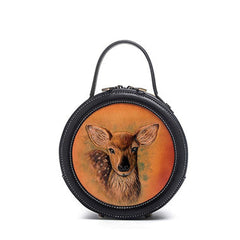 Handmade Womens Black Leather Round Handbag Purse Round Deer Crossbody Bag for Women