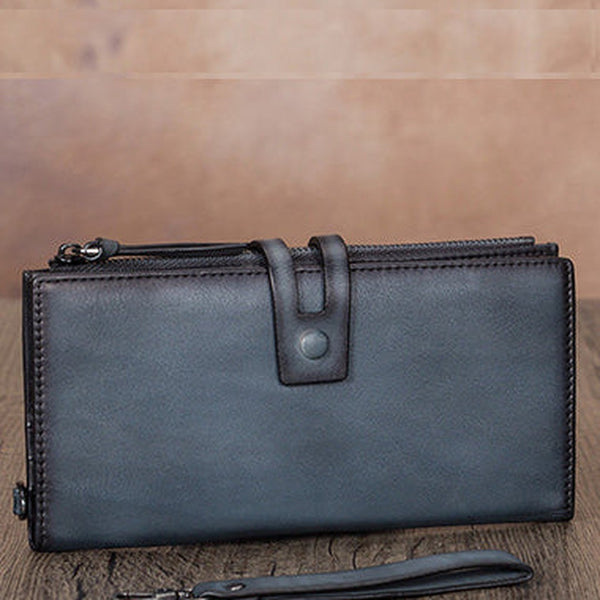 Vintage Gray Leather Wristlet Wallet Womens Wallet Bifold Long Clutch Wallet for Women