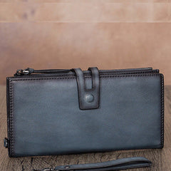 Vintage Gray Leather Wristlet Wallet Womens Wallet Bifold Long Clutch Wallet for Women