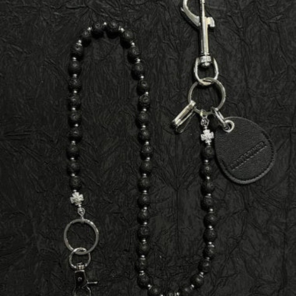 Black Beaded Wallet Chain Womens White Lavastone Long Bead Jean Chain with Keyring
