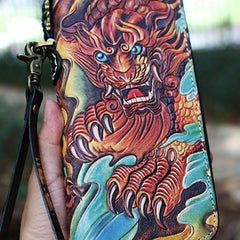 Leather Chinese Lion Tooled Mens Handmade Long Wallet Cool Leather Wallet Clutch Wallet for Men