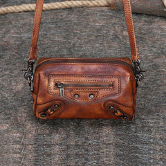 Vintage Womens Brown Leather Wristlet Wallets Mini Shoulder Bag Small Crossbody Bag for Women