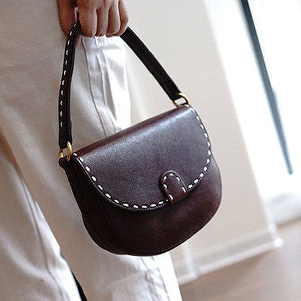 Vintage Womens Coffee Leather Small Saddle Handbag Shoulder Bag Purse for Women