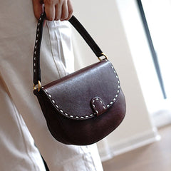 Vintage Womens Coffee Leather Small Saddle Handbag Shoulder Bag Purse for Women